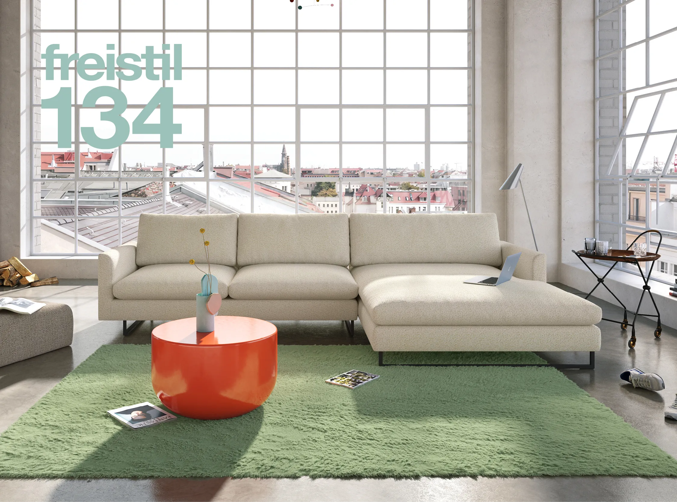 sofa, sectional, beige, wohnzimmer, grüner teppich, 