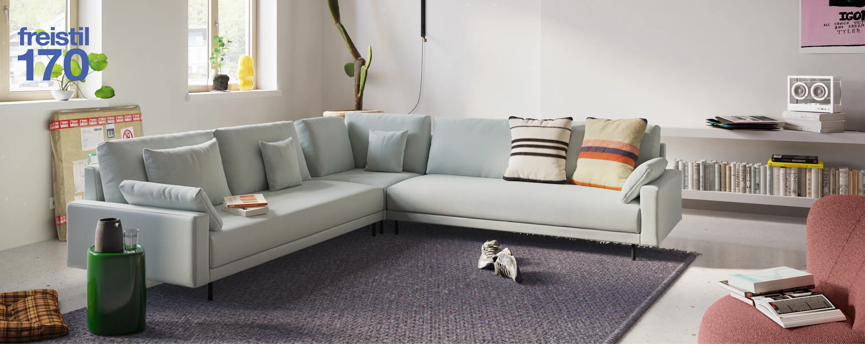 sofa, sectional, hellgrau, baumwollstoff, kissen, 