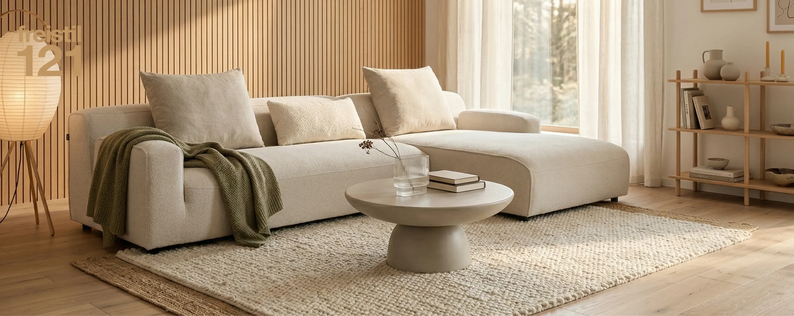 Wohnzimmer, Sofa, Couchtisch, Teppich, Holzwandverkleidung, 